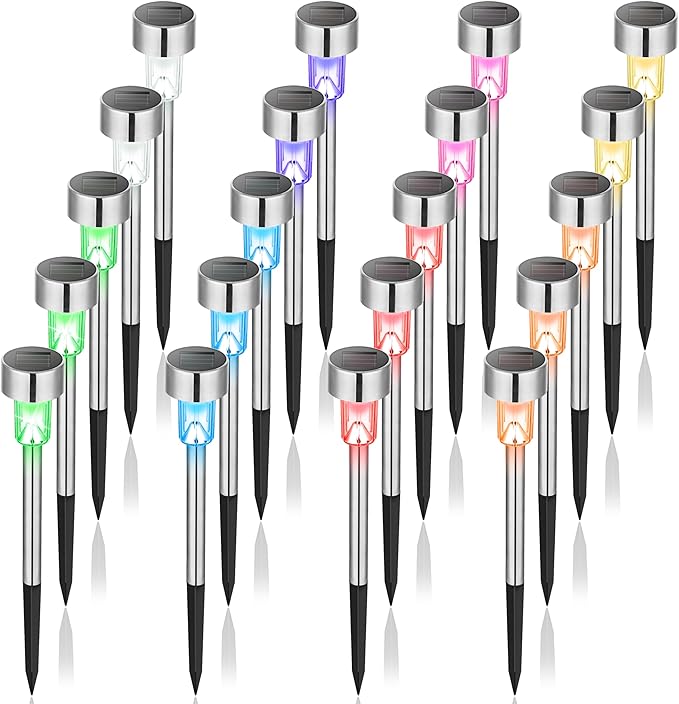 GIGALUMI Solar Lights Outdoor Waterproof, 20 Pack, Stainless Steel LED Solar Garden Lights for Patio, Lawn, Yard and Landscape, Garden Decor Patio Decor,Multicolor