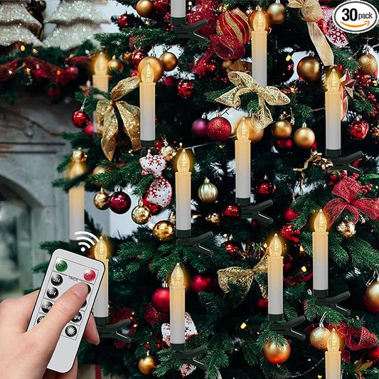 DRomance Christmas Tree Flameless Taper Candle Lights Battery Operated with 10-Key Remote and Timer, 30 Pack Plastic 3D Wick Flickering LED Taper Candles Multi-Using Home Garden Holiday Decor 3.4"