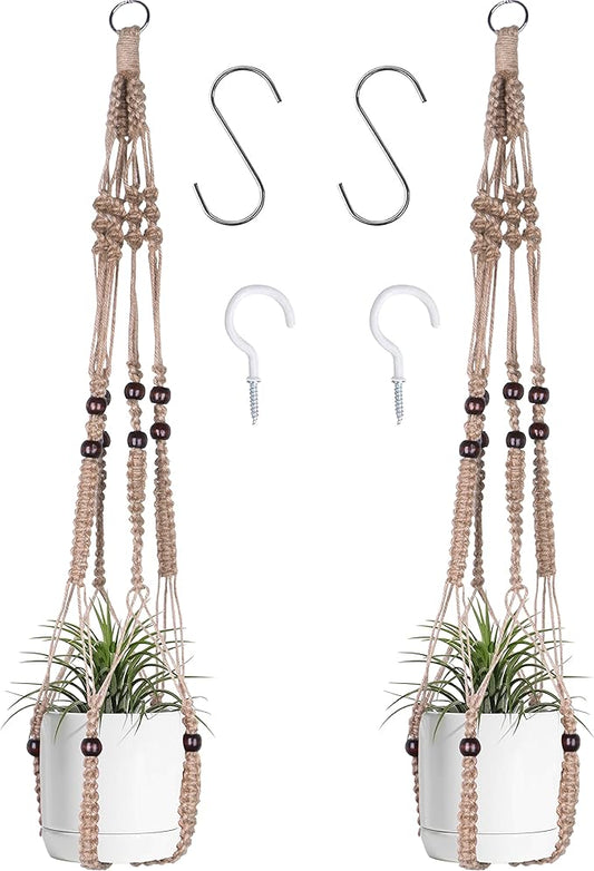 Macrame Plant Hanger Indoor Hanging with Wood Beads Macrame Planters No Tassel for Indoor Outdoor Boho Home Decor 35 Inch(Brown, 2)