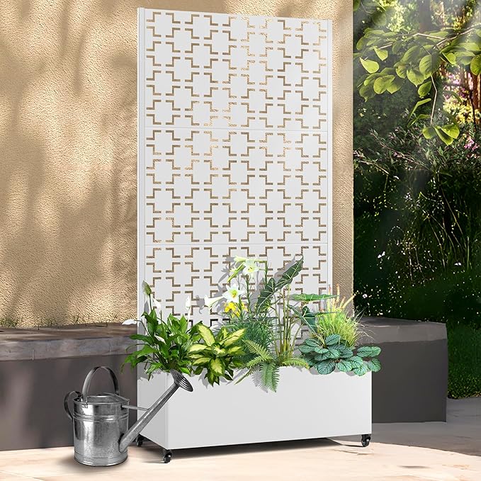 Raised Garden Bed with Trellis and Wheels,73"x35"x16" Metal Raised Garden Bed,White Squared Metal Planter with Climbing Trellis for Vines & Vegetables