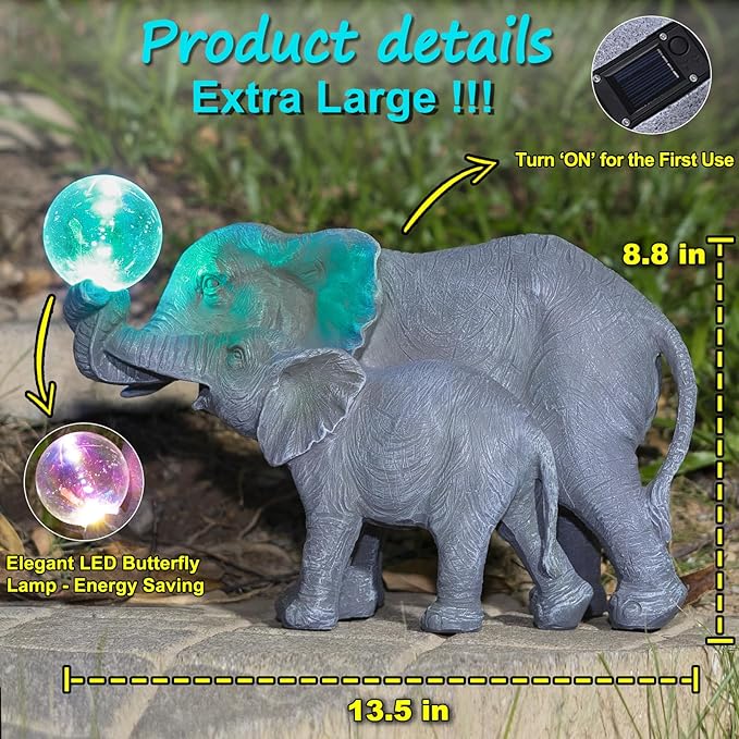 Solar Elephant Statues Lights for Outdoors Garden Decor, Large Outdoor Elephant Statues, Modern Elephant Resin Statue Decorations with Color-Changing Bulb, Unique Housewarming Gifts for Mom, Women