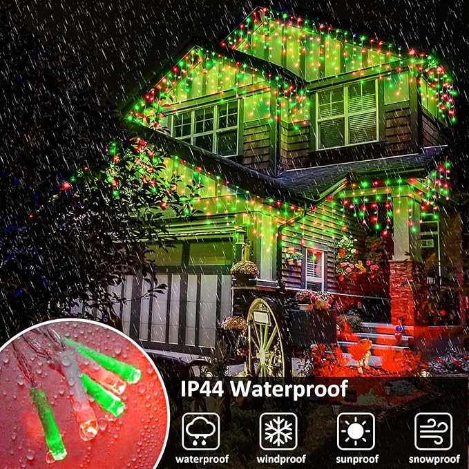 Icicle Lights for Outside, 33FT 400 LED Christmas Lights Outdoor with Waterproof 8 Modes, Plug in Connectable String Twinkle Light for Indoor Roof Window Garden Fence Party Decorations, Red Green