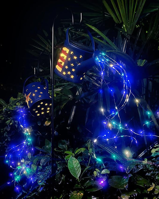 Solar Watering Can with Colorful Lighting, Waterproof Garden Decor, Birthday Gifts for Mom Grandma (Flag, 32 inch Shepherd Hook)