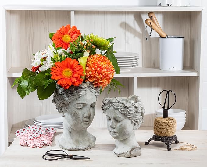Abbott Collection Goddess Head Planter - Small Cement Indoor and Outdoor Planter Pot - Grecian Woman Statue Head Planter for Flowers and Succulents (Grey, 3.5" Opening)