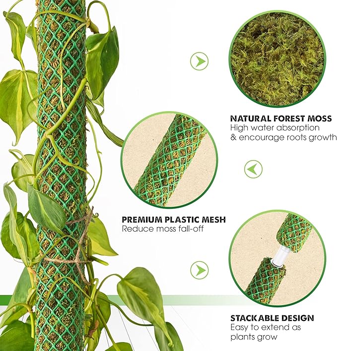 Duspro Green Stackable Mesh Moss Pole for Plants Climbing Vine Supporting Monstera Trellis, for Indoor Plants Extendable Plant Pole Moss Sticks, for Potted Plant Stakes 4Pack 71''