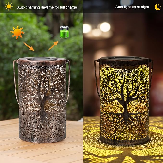 Solar Lanterns Outdoor Waterproof,Hanging Solar Tree of Life Lights Garden Decor,Gardening Birthday Gifts for Women Mom Grandma,Metal Hollowed-Out Lanterns for Yard,Patio,Backyard,Porch
