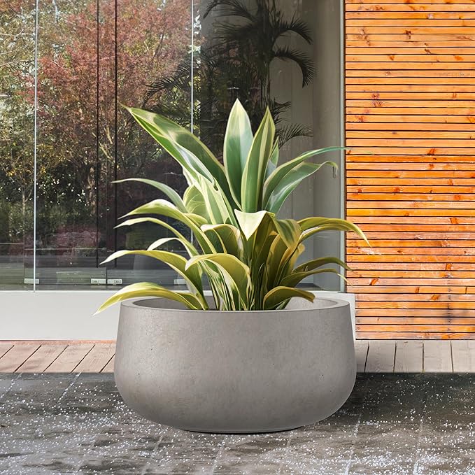 Kante 15.7" Dia Round Concrete Planter, Outdoor Indoor Garden Plant Pots with Drainage Hole and Rubber Plug, Modern Curvaceous Design, Weathered Concrete