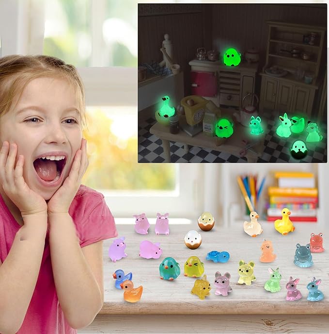Luminous Mini Resin Animals 50 Pcs Tiny Animals to Hide Around The Office Home Mini Ducks Tiny Frogs Small Birds Little Rabbits Glow in The Dark for Crafts Fairy Garden Accessories