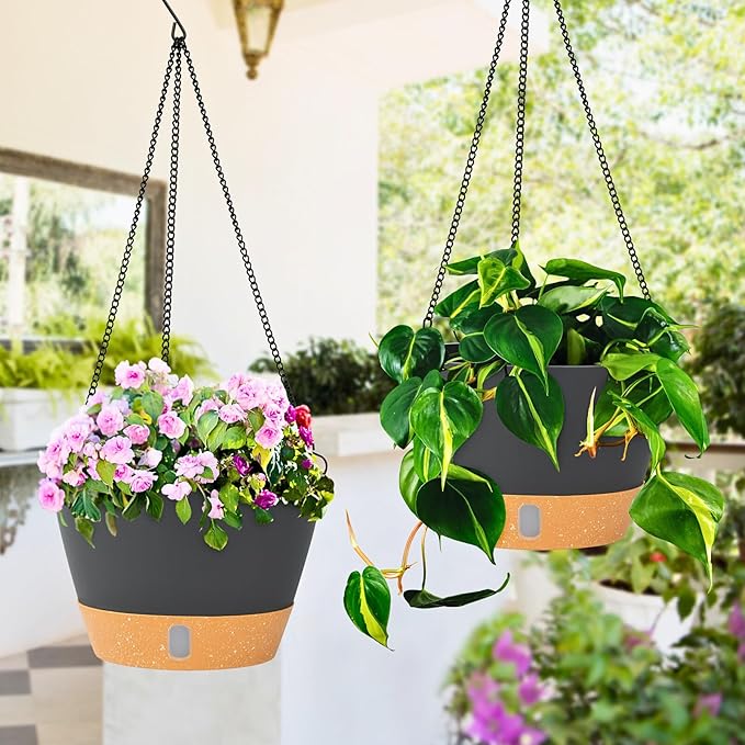 QCQHDU 2 Pack Hanging Planters for Indoor Outdoor Plants, 10 Inch Hanging Baskets Flower Pots with Reservoir Tray & Visible Water-Level