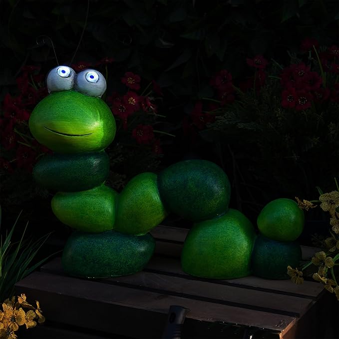 Alpine Corporation YEN608SLR Caterpillar Statue with Light Up Eyes, Solar Powered LED Caterpillar Garden Statue, 16" H, Green