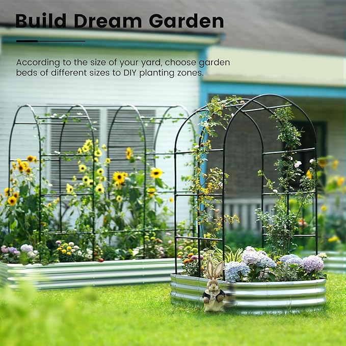 KING BIRD Raised Garden Bed with Arched Trellis Galvanized Planter Garden Box Outdoor for Gardening, Climbing Vegetables, Flowers 7.87x3.94x0.98 Ft, Silver