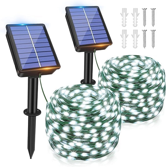 Ollny Solar String Lights Outdoor, 2 Pack Total 198FT 600LED Solar Fairy Lights, 8 Modes IP67 Waterproof for Outside Yard Garden Patio Xmas Party, Cool White