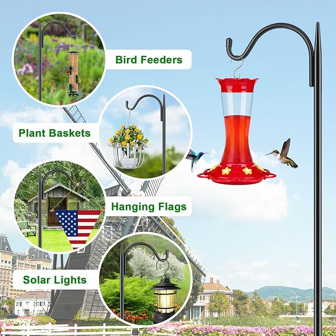 FEED GARDEN Short Shepherds Hooks for Outdoor, 48 Inch Bird Feeder Pole with 5 Prongs Base, Heavy Duty Shepherds Hook Garden Hook for Hummingbird Feeder, Hanging Lantern, Plant Baskets, 2 Pack