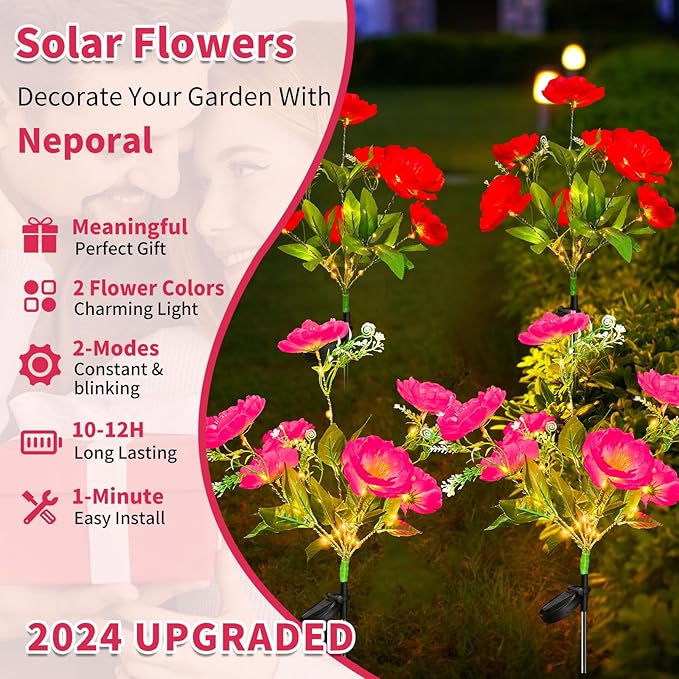 Neporal Solar Flowers Outdoor Waterproof Camellia，4PK 7-Stem Garden Solar Lights Decorative, 2 Decor Lighting Modes, Solar Powered Garden Decor, Solar Yard Decor