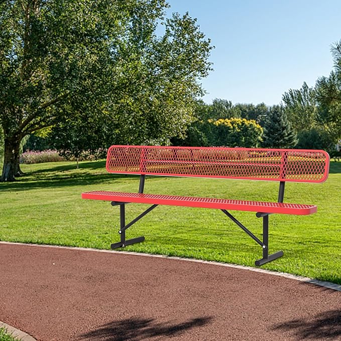 4/6/8 Feet Park Bench for Outside Heavy Duty Metal, Garden Benches Outdoor Bench with Backrest & Portable Frame, for Shopping Malls Stores Parks Patios Decks, Red