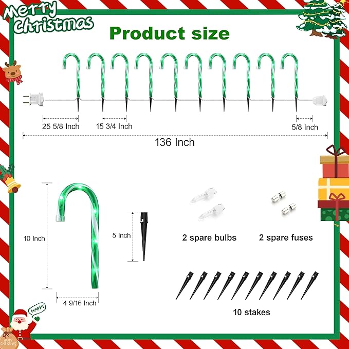 VCOKEN 10'' Christmas Candy Cane Pathway Markers Lights - Set of 10 Christmas Stakes Lights Outdoor Pathway Decorations, Connectable & Light Up Xmas Holiday Party Yard Indoor Outdoor Ornament, Green