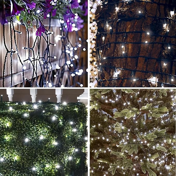 EEW 2-Pack 200 LED Solar String Lights for Outside, Solar Christmas Lights with 8 Lighting Modes, Waterproof Green Wire Solar String Lights Outdoor for Tree Xmas Party Garden Decorations (Cool White)