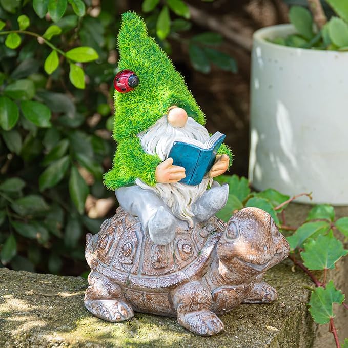 Garden Gnome Sitting on Turtle Outdoor Statues and Sculpture with Solar Lights, Garden Gnome Solar Statues and Turtle Figurines for Patio Yard Lawn Porch Decorations