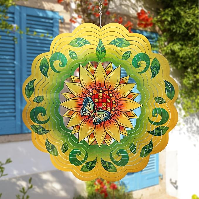 Sunflower Wind Spinners 3D Hanging Wind Spinner Sunflower Ornament Gifts for Women Mom Grandma,12inch Metal Wind Kinetic Sculpture for Outdoor&Indoor Decor, Yard Art, Garden Decoration