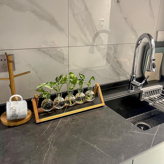 Kingbuy Plant Propagation Station with 5 Bulb Vases Retro Wooden Stand Desktop Glass Planter Terrarium for Hydroponics Plants Home Office Décor