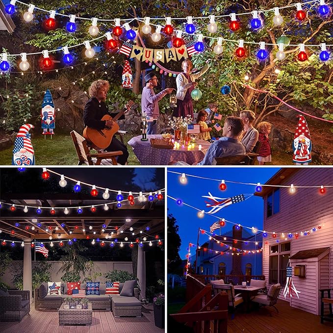 27.8Ft G40 Red White and Blue Lights String with 28 Shatterproof LED Globe Bulbs, for Memorial Day 4th of July Decorations Outdoor & Patriotic Decorations Lights for Home Party Patio Gazebo, 0.6W