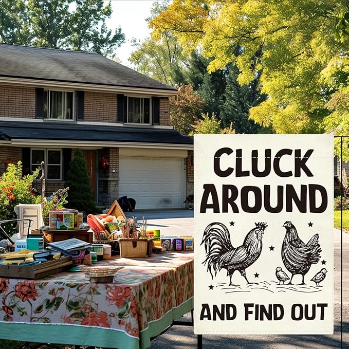 Welcome Summer Funny Chicken Garden Flag Outdoor Decorations Cluck Around And Find Out Small Double Sided Burlap art Stained Glass Style Garden Flags 12 x 18 Inch for Outside