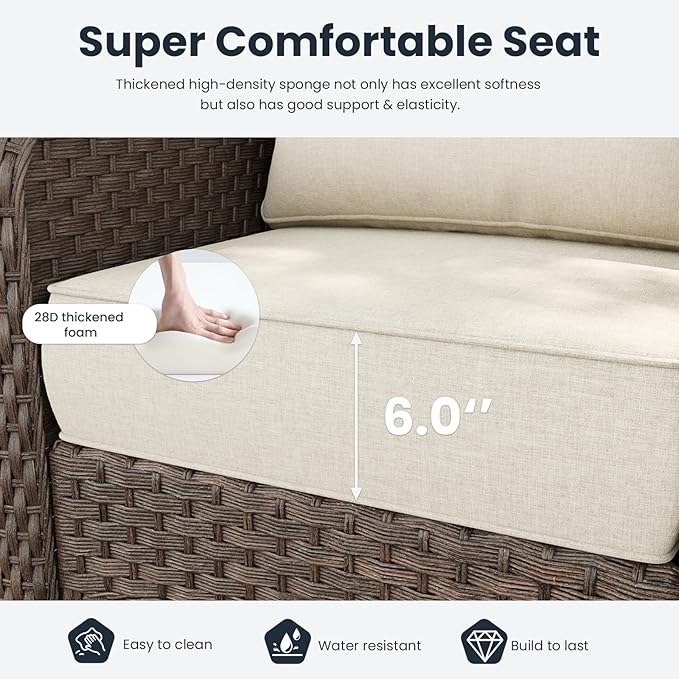 6 Pieces Outdoor Patio Furniture Sets with Rocking Swivel Chairs with 6-inch Thick Cushion and Side Table for Deck Lawn