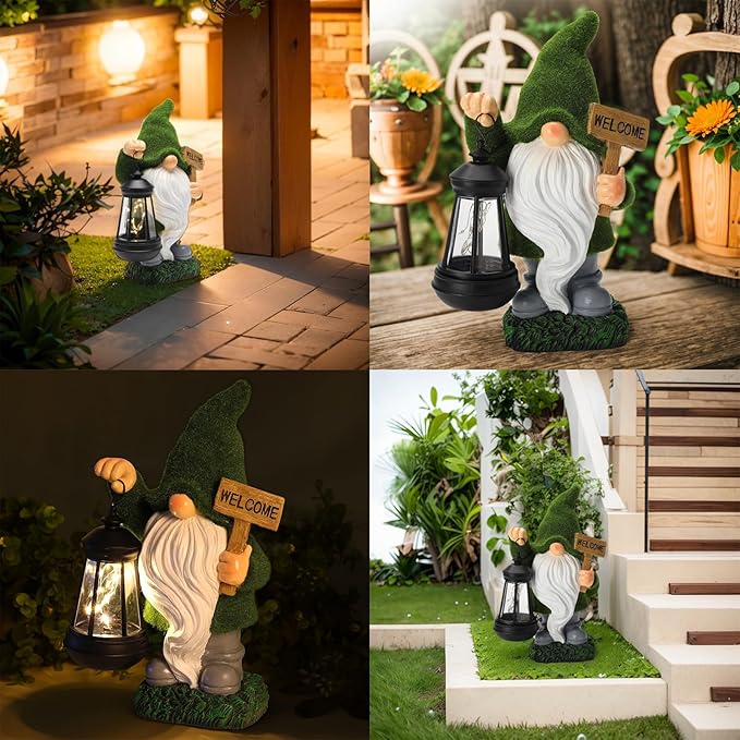 Garden Gnome Statue Solar Light Outdoor Decorations Figurine Welcome Sign with Lantern Sculpture Garden Decor Lawn Patio Yard Porch Outside Housewarming Gifts for Women Mom Grandma
