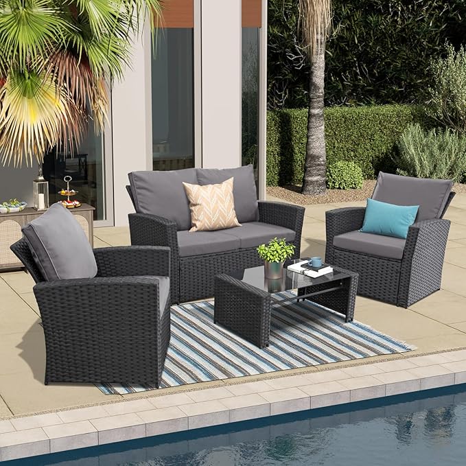 4 Piece Outdoor Patio Furniture Set,Wicker Conversation Sets Outdoor Sectional Patio Sofa Couch with Cushions & Coffee Table for Outside, Garden, Balcony, Porch,Black/Grey