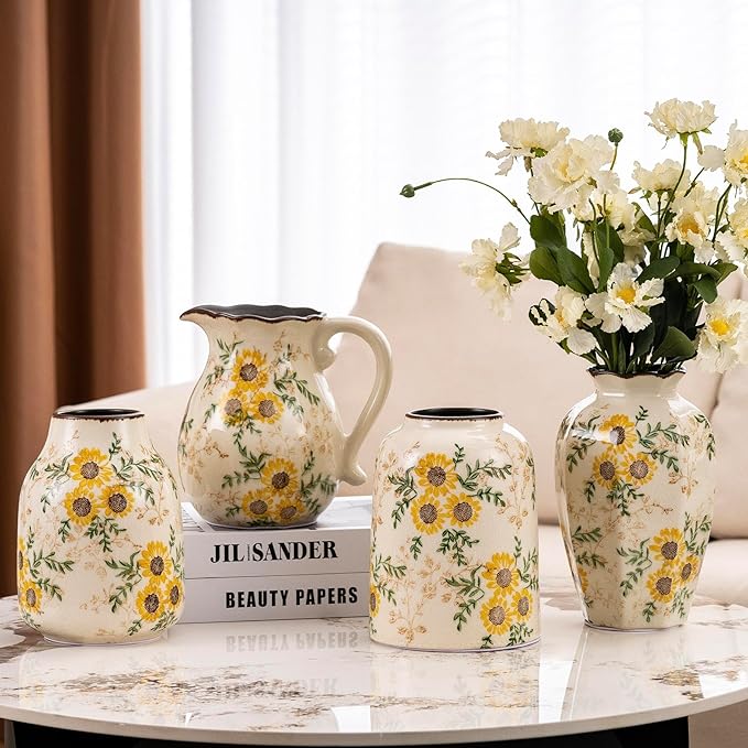 Sunflower Vintage Ceramic Yellow Floral Vase, Beige and Green Chinoiserie Home Decor for Fireplace Mantle, Table Centerpieces, Kitchen Counter, Tuscan, Cute Flower Vase for Living Room Office 7.8 Inch