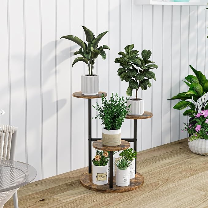 Plant Stand Indoor 4 Tier 5 Potted Multiple Flower Pot Holder for Patio Garden Balcony Living Room Corner (4 Tier Black+Rustic Brown)