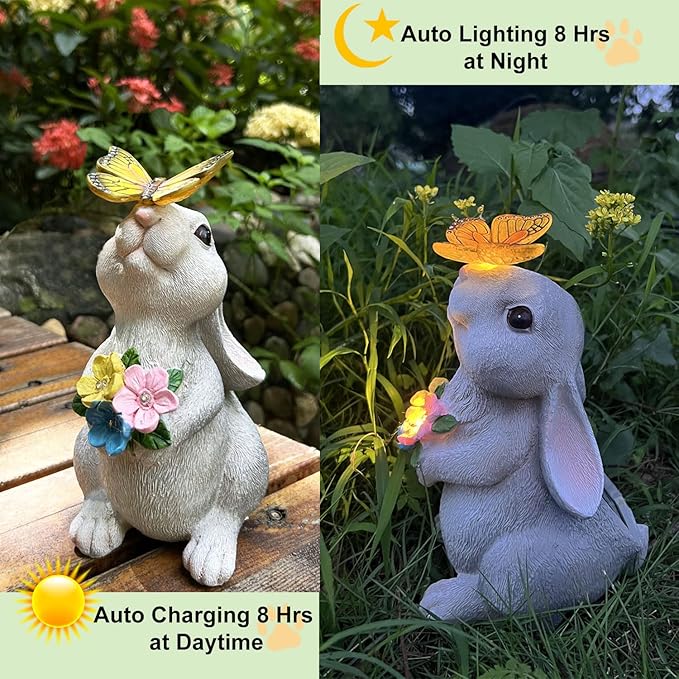 YODY Solar Garden Statues Outdoor Decor- Yard Decorations for Patio, Balcony, Backyard, Lawn Ornaments - Rabbit Figurines with LED Light- Unique Birthday House Warming Gifts for Women, Mom, Grandma