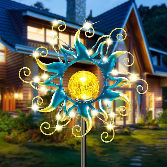 Solar Lights Outdoor Garden Decor, Blue Metal Sun Crackle Glass Globe Stake Waterproof 30LED Decorations Unique Gifts for Women,Mom,Outside, Patio,Lawn,Yard,Pathway