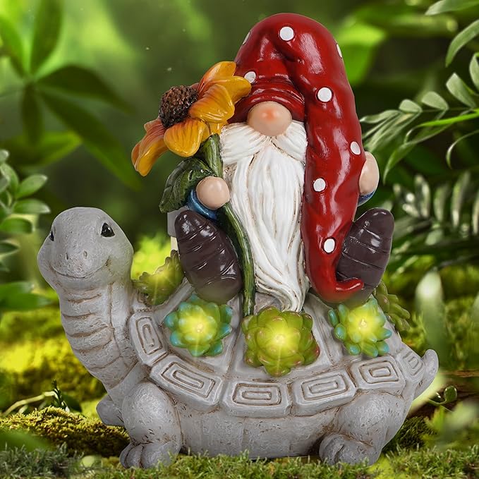 Hodao Patio Garden Theme Solar Gnome & Turtle Sculpture Statue - Lawn, Deck, Balcony, Patio Spring/Summer Decorations - Creative Housewarming Gifts