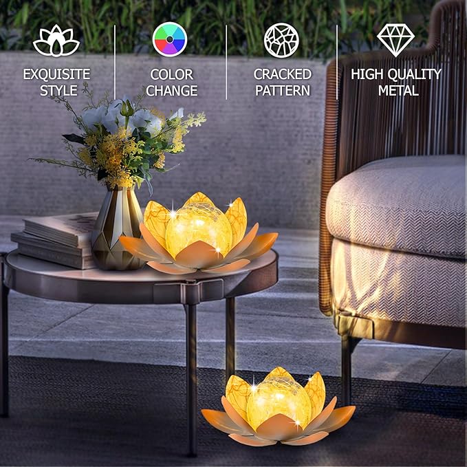 Garden Solar Light Outdoor(2Pack),Crackle Globe Glass Lotus Decoration, Waterproof Metal LED Flower Lights for Patio,Lawn,Walkway,Tabletop,Ground