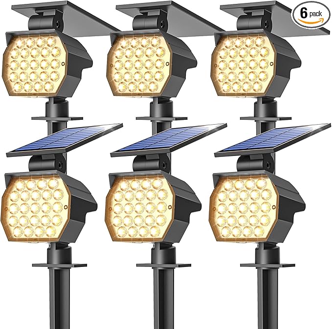 NIORSUN Solar Spot Lights Outdoor,23 LEDs Landscape Lighting with Auto On/Off and 3 Lighting Modes, IP67 Waterproof Spotlights,Outdoor Solar Lights for Yard Garden,6 Pack(Warm White)