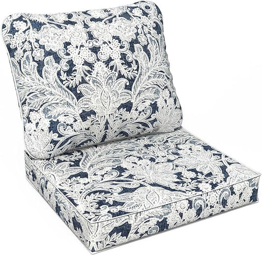 LVTXIII Outdoor/Indoor Deep Seat Cushion Patio Seat and Back Cushion Set All-Weather Replacement Chair Cushion for,Wicker Chairs and Garden Furniture Decoration, 24"x24"x4", Damask Lapis
