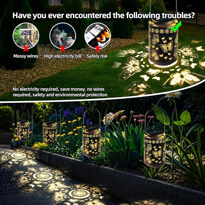 Solar Lanterns Outdoor Waterproof Butterfly Metal Garden Lights, Hanging Decor for Patio, Yard, Fence, Porch, Pathway, Gifts for Women, Mom, Grandma, Unique Mother’s Day