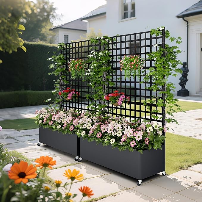 Metal Planter Box with Trellis Privacy Screen, Raised Garden Bed with Lattice Trellis & Wheels, Privacy Planters for Patio, Planter Box for Climbing Plants, Flower, 73"x 47"x 16", Black