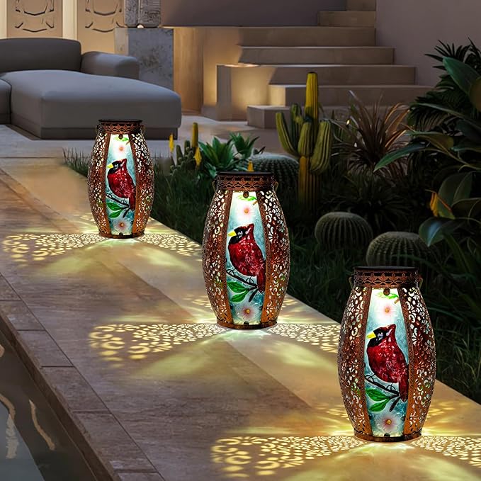 Larekook Outdoor Solar Lantern-Waterproof Cardinal Hanging Metal Decorative Lights for Patio Table Garden Pathway Yard with Super Bright Warm White LED,Large Solar Panels,Auto On/Off Sensor