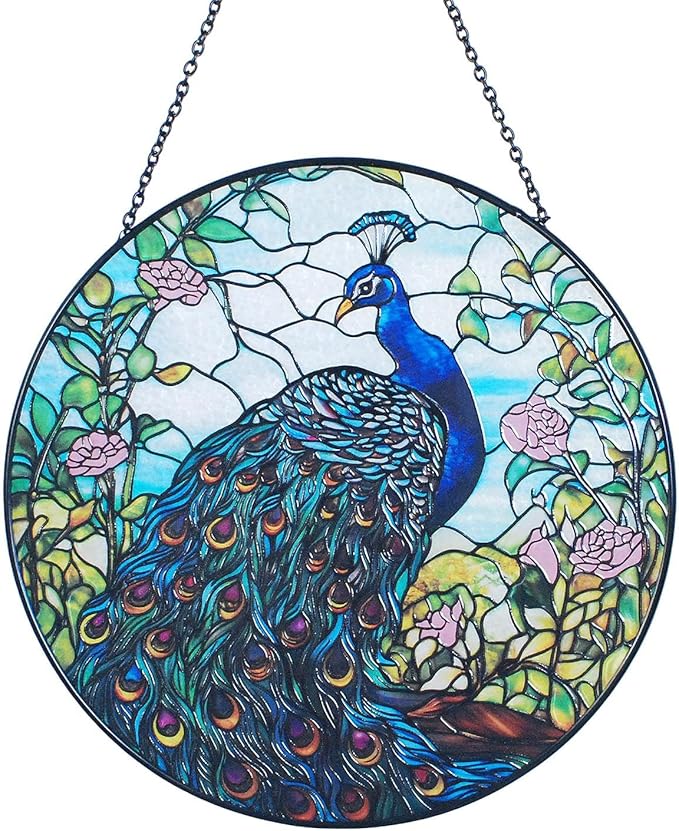 7.8'' Peacock Decor Suncatcher Stained Glass - Originally Designed Peacock Suncatchers for Sun Catchers Indoor Window | Gifts for Peacock Lovers Painted Glass Panel Decor Themed Gift