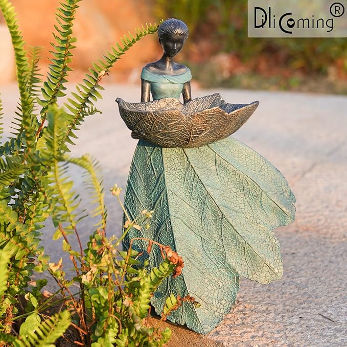 DiliComing Fairy Garden Statue Bird Feeder - 12 Inch Fairy Statue for Home Decoration, Resin Outdoor Statues for Garden Decoration, Best Bird Feeder Garden Gift for Women 12 x 7.5 x 5 Inch
