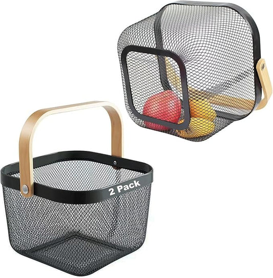 2 Pack Garden Harvest Baskets, Picnic Baskets with Durable Metal Mesh and Bamboo Handle, Perfect for Shopping, Gardening, Picnics, and Organizing