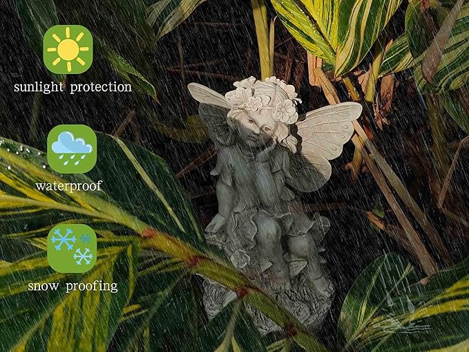 MeritMode 12.8" Fairy Garden Outdoor Guardian Angel Statue - Waterproof Resin with Flower Base, Unique for Patio, Balcony & Yard Decor