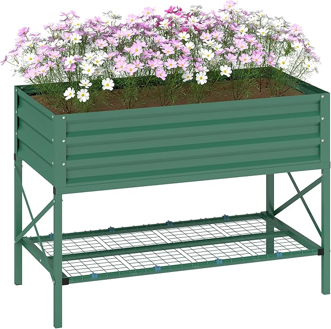 Outsunny Raised Garden Bed with Galvanized Steel Frame, Storage Shelf and Bed Liner, Elevated Planter Box with Legs for Vegetables, Flowers, Herbs, Green