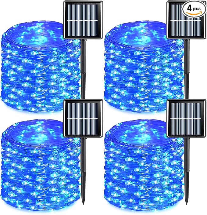 YEGUO 4 Pack Blue Solar Fairy Lights Outdoor Waterproof, Each 100 LED 33ft String Lights, 8 Modes Twinkle Lights