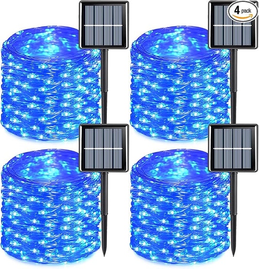 YEGUO 4 Pack Blue Solar Fairy Lights Outdoor Waterproof, Each 100 LED 33ft String Lights, 8 Modes Twinkle Lights