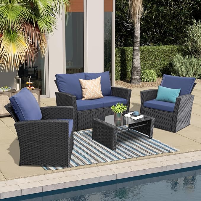 4 Piece Outdoor Patio Furniture Set,Wicker Conversation Sets Outdoor Sectional Patio Sofa Couch with Cushions & Coffee Table for Outside, Garden, Balcony, Porch,Black/Blue