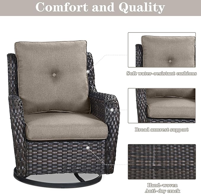 5 Piece Outdoor Patio Furniture Set - Wicker Furniture Patio Conversation Set, Outdoor Swivel Rocker Chairs with 3-Seater Sofa and 2 Ottomans for Small Space, Gray Cushion