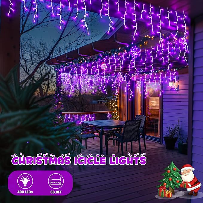 JMEXSUSS Purple Christmas Icicle Lights, 38.8 FT 400 LED Purple Icicle Lights Outdoor Waterproof, 8 Modes Purple Christmas Lights with 80 Drops Plug in for House Christmas Party Decorations